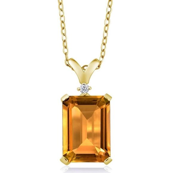 18K Yellow Gold .925 Sterling Silver Citrine and Diamond Pendant Chain Necklace